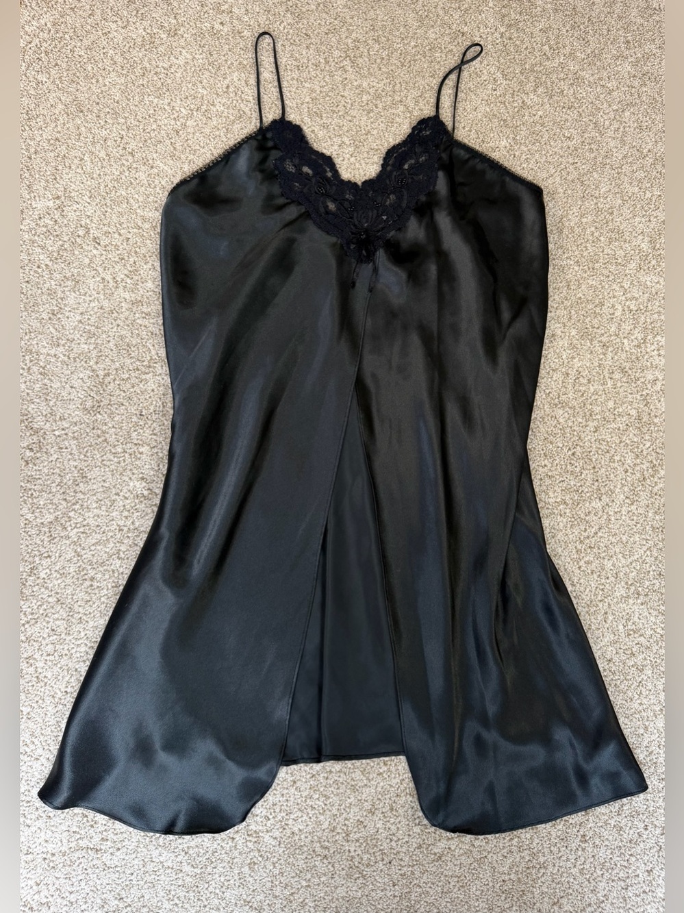 Vintage Intimates Black Slip Dress With Slit Nightgown- Hidden Fantasies Size L